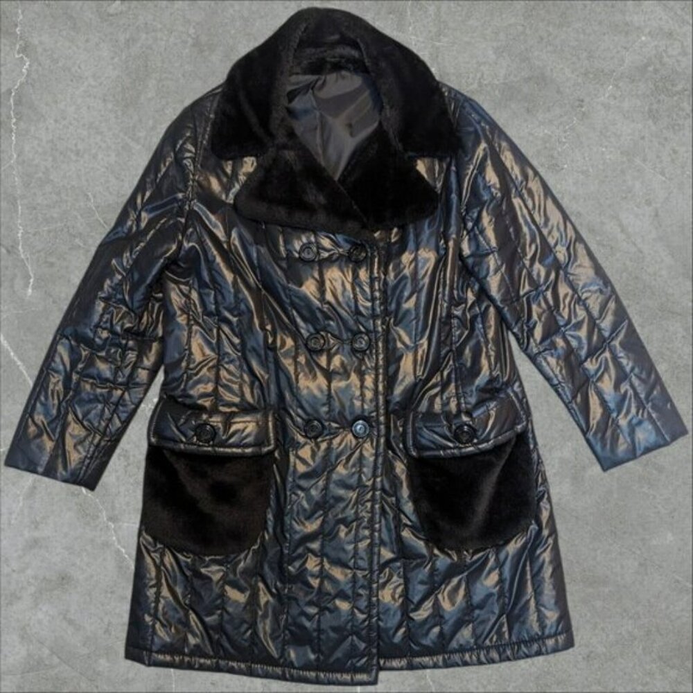 Vintage 80s Women LA Sport Coat Peacoat‎ Fur Trim City Retro Rare XL